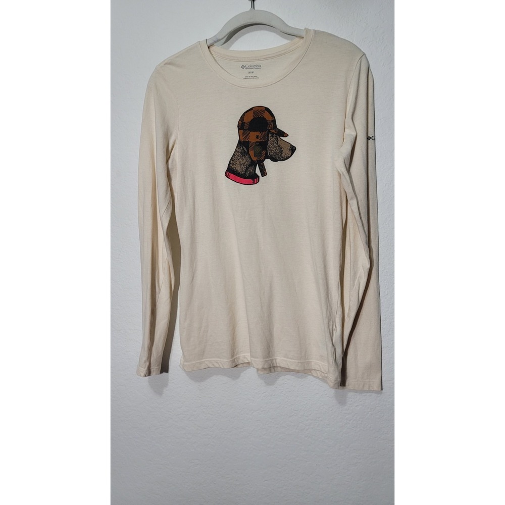 Columbia Women's Size Medium Ecru Long Sleeve Pullover Cotton Top w Dog Logo
